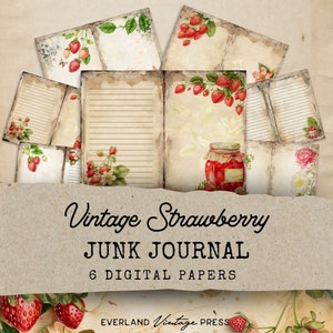 Strawberry Junk Journal Kit, Shabby Chic Junk Journal Digital Paper, Floral 6 Digital Journal Pages, Vintage Junk Journal, Paper Craft