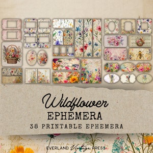 Wildflower Junk Journal Ephemera, 38 Printable Junk Journal Ephemera, Wildflower Junk Journal Kit Extras, Ephemera Cards, Digital Collage