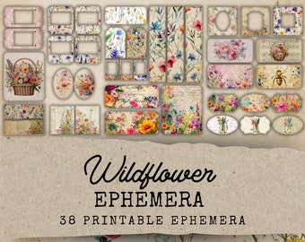 Efímeras de diario basura con flores silvestres, 38 efímeras imprimibles, extras del kit de diario basura con flores silvestres, tarjetas efímeras, collage digital