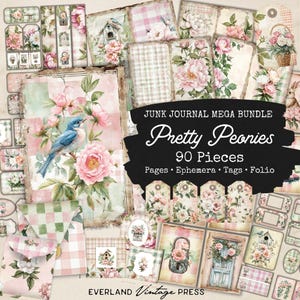 Peony Junk Journal bundel, 90 stuks, Peony Junk Journal Folio Kit, Secret Garden Junk Journal Junk Ephemera, Engelse Tuin Junk Journal
