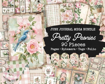 Peony Junk Journal Bundle-90 Pieces, Peony Junk Journal Folio Kit, Secret Garden Junk Journal Junk Ephemera, English Garden Junk Journal