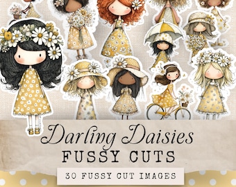 Whimsical Girls Fussy Cuts, 30 Floral Garden Fussy Cuts, Printable Paper Dolls Kawaii Fussy Cuts, Daisy Girl Cottagecore Fussy Cut Elements