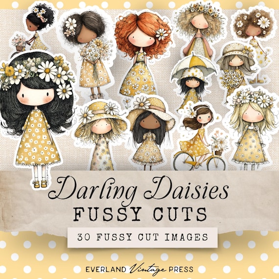 Whimsical Girls Fussy Cuts, 30 Floral Garden Fussy Cuts, Printable Paper Dolls Kawaii Fussy Cuts, Daisy Girl Cottagecore Fussy Cut Elements