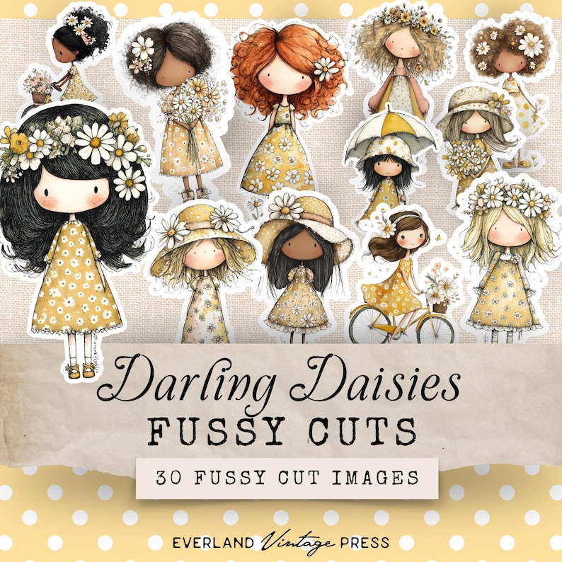 May include: A sheet of "Darling Daisies" fussy cut images. The illustrations depict girls in yellow dresses with daisy details, some wearing flower crowns or hats. One girl is riding a bicycle. The text reads "30 Fussy Cut Images."
