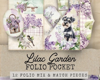 Lilac Junk Journal Folio Kit, Lavender Folio, 12 Shabby Chic Junk Journal Purple Ephemera, Lavender Junk Journal Kit Ephemera Cards
