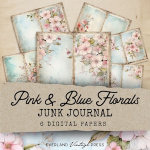 Pastel Pink and Blue Floral Junk Journal Pages, Watercolor Wildflowers Junk Journal Kit, 6 Pastel Junk Journal Pages, Paper Craft, Ephemera