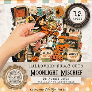 以下が含まれることがあります： 「Moonlight Mischief」と題された95枚のハロウィーンをテーマにしたペーパーファジーカットのコレクション。魔女、カボチャ、黒猫などのヴィンテージ風イラストが12ページ分含まれており、8.5 x 11インチの米国レターサイズの用紙に印刷されています。