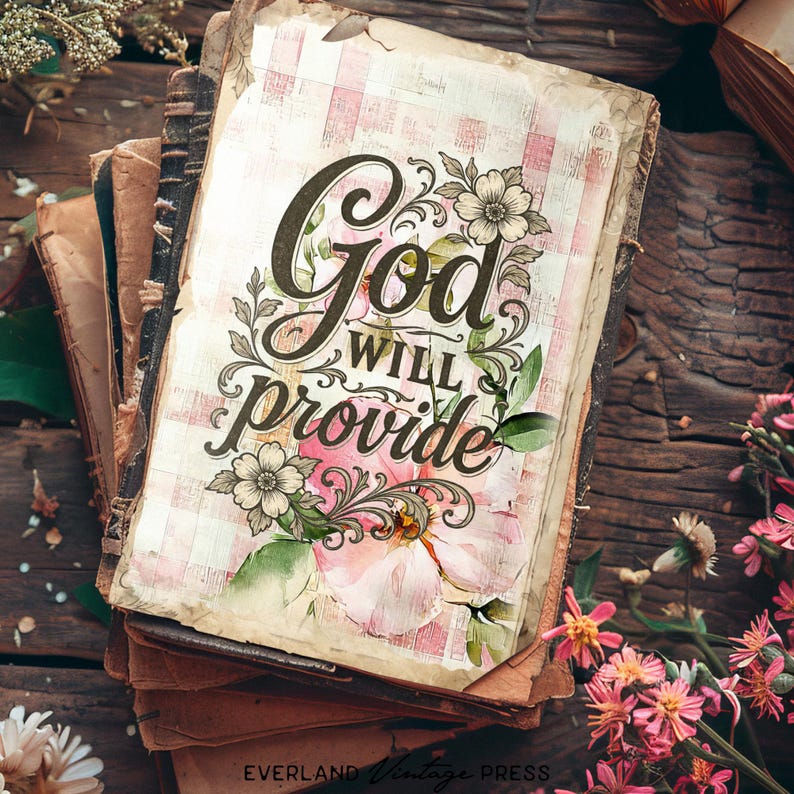 May include: A stack of vintage books with a floral design. The top book features the words "God Will Provide" in elegant script, surrounded by floral illustrations in pink and white. The books are on a rustic wooden surface.