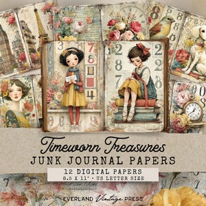 Può includere: Carte digitali per junk journal con un'estetica vintage. L'immagine presenta illustrazioni di ragazze, fiori ed elementi architettonici. Il testo recita "Timeworn Treasures" e "12 carte digitali 21,6 x 27,9 cm".