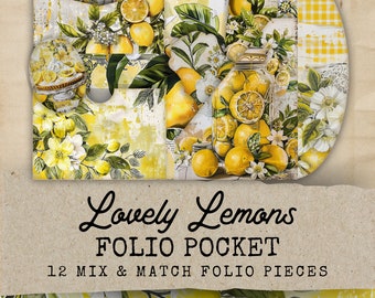 Lemon Junk Journal Kit Folio, 12 Printable Pocket Ephemera, Lemon Junk Journal Printable Extras, Lemon Ephemera Cards, Digital Collage