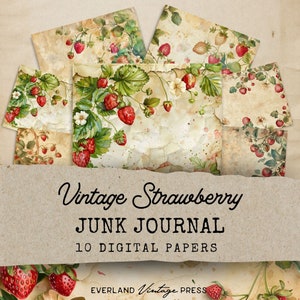 Strawberry Junk Journal Kit, Shabby Chic Junk Journal Digital Paper, 10 Digital Journal Strawberry Pages, Vintage Junk Journal, Paper Craft