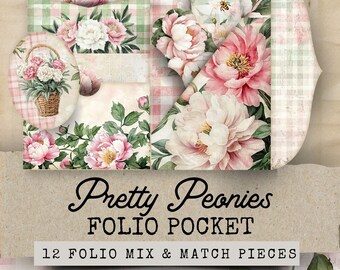 Peony Junk Journal Folio, Peonies Junk Journal Kit Folio, 12 Shabby Chic Folio Pocket Afdrukbare Ephemera, Cottagecore Junk Journal Folio
