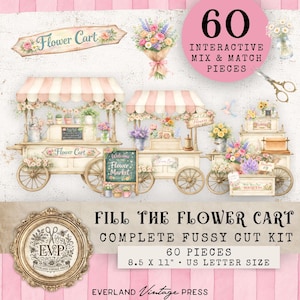 May include: A digital art print featuring a flower cart theme. The image includes several flower carts with awnings, bouquets, and the text "Flower Cart" and "Welcome to the Flower Market". The print also includes the text "Fill the Flower Cart" and "60 Pieces".