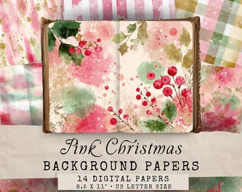 May include: A collection of pink Christmas background papers. The papers feature watercolor designs with pink, green, and gold accents. The image includes a vintage book with holly and berry illustrations. The text reads "Pink Christmas Background Papers".