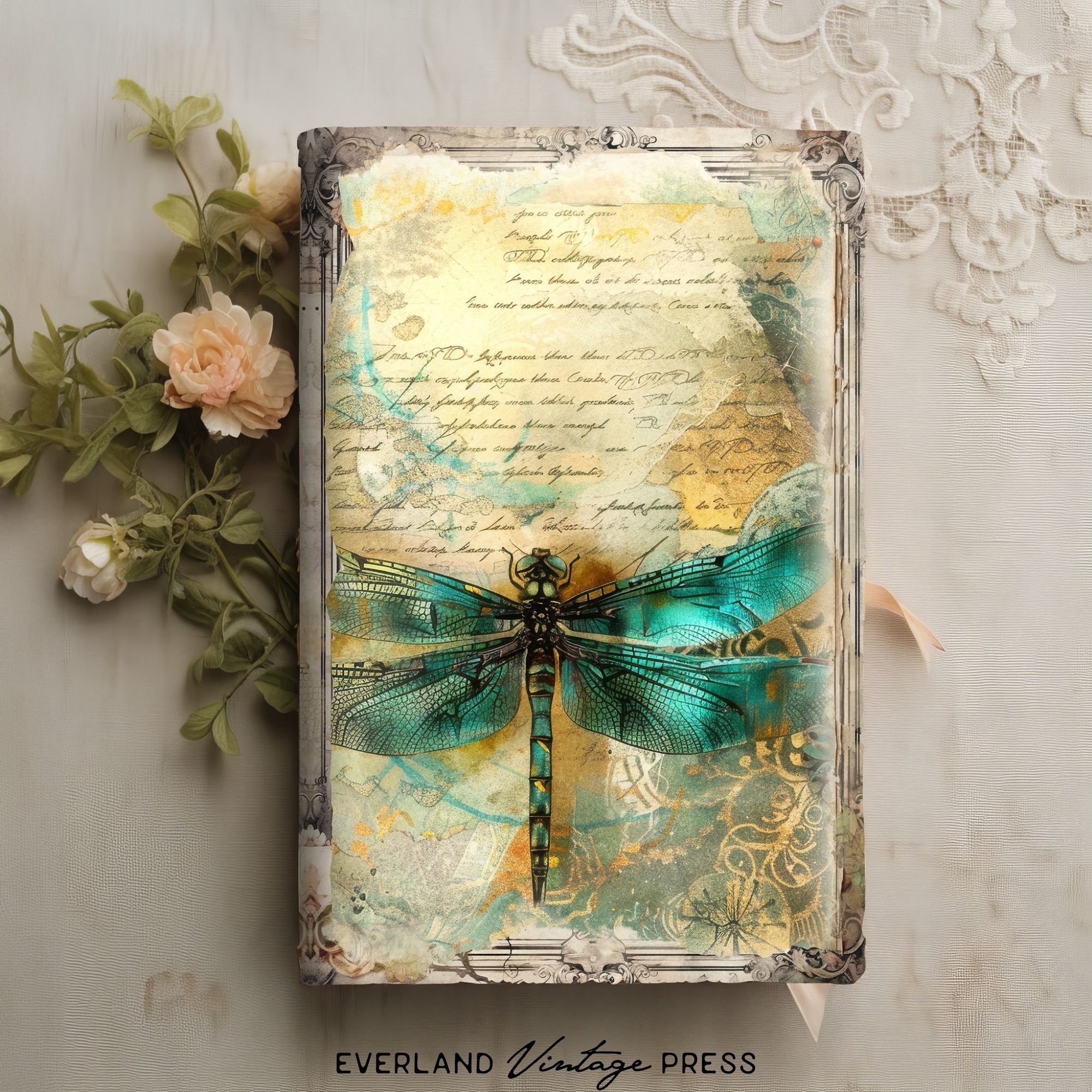 Dragonfly Junk Journal Papers, Teal and Gold Junk Journal Kit, 6 ...
