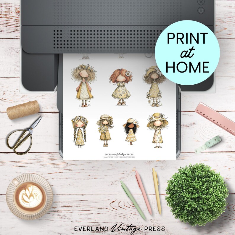 May include: A printer is producing a sheet of paper featuring eight illustrations of dolls in yellow dresses and hats. The text "PRINT at HOME" is in a light blue circle. The words "EVERLAND Vintage PRESS" are at the bottom of the image.