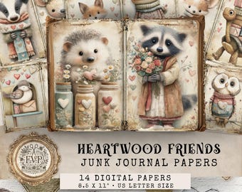 Heartwood Friends Woodland Valentine-dagbokssidor, nyckfulla digitala djurpapper, udda Alla hjärtans dag-skräpsida