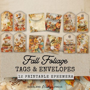 Fall Foliage Tags & Mini Envelopes, Cozy Autumn Junk Journal Kit Extras, Pumpkin Ephemera, Paper Craft, Cozy Fall Ephemera
