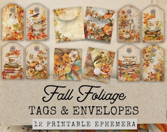 Könnte beinhalten: Zwölf druckbare Herbst-Tags und Umschläge mit Bildern von Kürbissen, Blättern, Teetassen und Büchern. Die Tags und Umschläge sind im Vintage-Stil mit einem verwitterten Hintergrund gestaltet.
