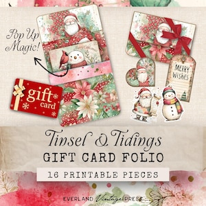 Puede incluir: Un conjunto de tarjetas y etiquetas de regalo con temática navideña. El diseño presenta a Papá Noel, muñecos de nieve, flores de Pascua y los textos "Merry Christmas" y "Merry Wishes". También se ven las palabras "Pop Up Magic!" y "Tinsel & Tidings GIFT CARD FOLIO".