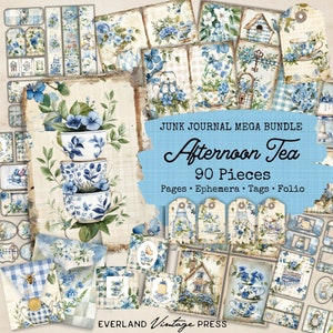 Afternoon Tea Junk Journal Junk Journal Bundle-90 stuks, Junk Journal Theekopjes en rozen Kit, blauwe bloemen Junk Journal, thee-ephemera