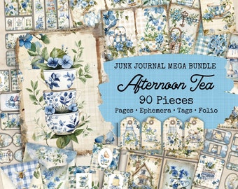 May include: A digital collage sheet with 90 pieces of vintage style images for junk journaling. The images feature blue and white teacups, flowers, and a birdhouse. The text "JUNK JOURNAL MEGA BUNDLE Afternoon Tea 90 Pieces Pages Ephemera Tags Folio EVERLAND Vintage PRESS" is included in the image.