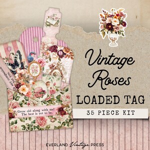 Vintage rozen geladen tags, Victoriaans geladen zaktagkit, veerbelaste tags, Victoriaans ongewenste dagboek voltooid, geladen tag botanisch