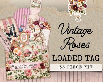 Vintage Roses Loaded Tags, Victorian Loaded Pocket Tag Kit, Spring Loaded Tags, Victorian Junk Journal Complete, Loaded Tag Botanical