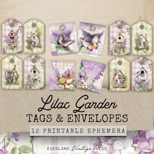 Kit folio de carnet de voyage lilas étiquettes enveloppes, shabby chic journal indésirable violet, kit de journal indésirable de lavande, kit de journal indésirable jardin secret