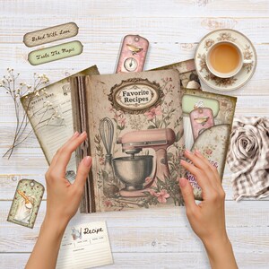 May include: A vintage-style recipe book with the title "Favorite Recipes" and a pink stand mixer illustration. The image includes tags with text, a teacup, and floral accents, evoking a cozy, nostalgic kitchen theme.