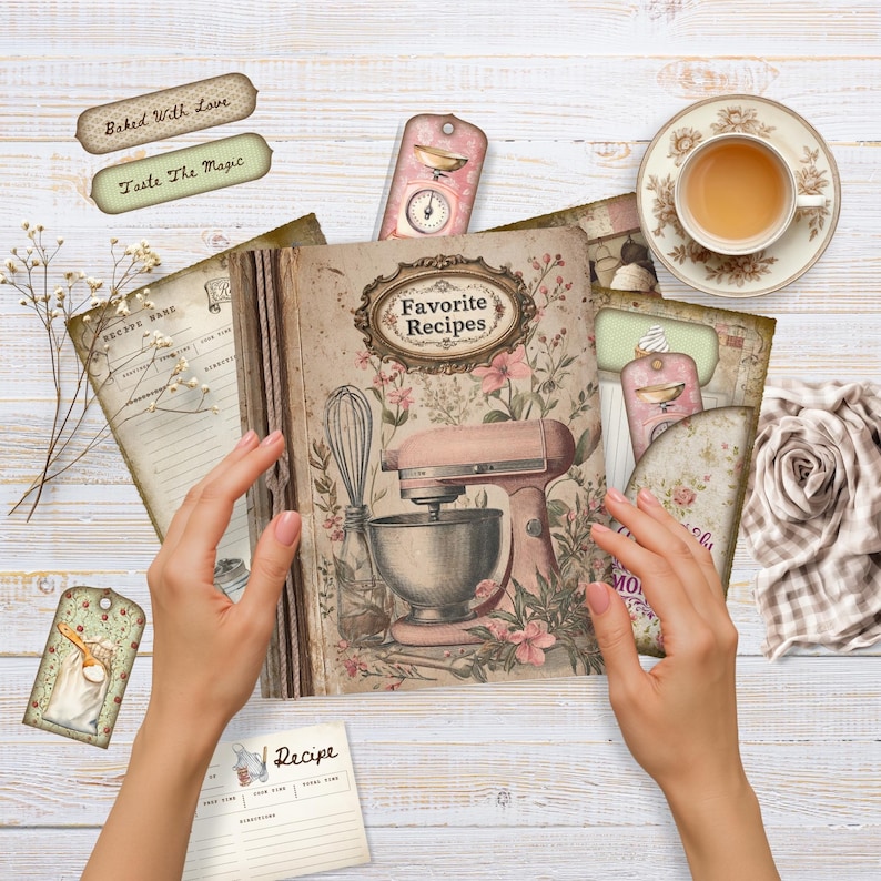 May include: A vintage-style recipe book with the title "Favorite Recipes" and a pink stand mixer illustration. The image includes tags with text, a teacup, and floral accents, evoking a cozy, nostalgic kitchen theme.