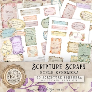 Scripture Scraps Junk Journal Ephemera, Faith Junk Journal Tags & Labels, Christian Printable, Vintage Scripture Quotes,Bible Verse Ephemera