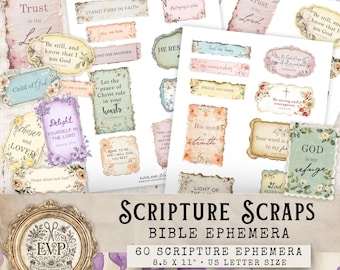 Scripture Scraps Junk Journal Ephemera, Faith Junk Journal Tags & Labels, Christian Printable, Vintage Scripture Quotes,Bible Verse Ephemera