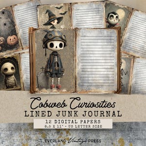 May include: A digital junk journal with a vintage aesthetic. The cover features a skeleton character in a steampunk outfit, surrounded by Halloween-themed illustrations. The journal includes lined pages and the text "Cobweb Curiosities". The paper size is 8.5 x 11 inches.