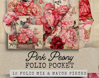 Peony Junk Journal Folio, Peonies Junk Journal Kit Folio, 12 Shabby Chic Folio Pocket afdrukbare ephemera, ephemera kaarten, digitale collage