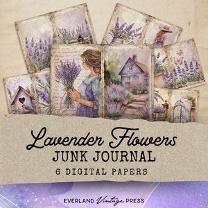Lavender Flowers Junk Journal Kit, Lavender Junk Journal Papers, 6 Digital Journal Pages, Paper Craft, Printable Ephemera