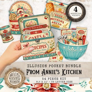 May include: A 54-piece paper craft kit titled From Annie's Kitchen, featuring vintage-style illustrations of recipe boxes, mixing bowls, baking ingredients, and kitchen tools. The set includes four interactive pockets and measures 8.5 by 11 inches.