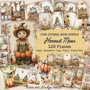 Könnte beinhalten: Eine Sammlung von Papier-Ephemera im Vintage-Stil mit Erntethema. Das Bild zeigt eine Vogelscheuche, Kürbisse und verschiedene Illustrationen. Der Text lautet "Junk Journal Mega Bundle Harvest Moon 128 Pieces".