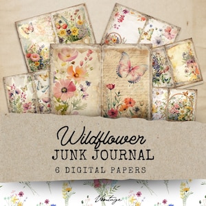 Aquarell Wildblumen, Junk Journal druckbare Seite, Shabby Chic Blumen Junk Journal Kit, 6 Digital Journal Seiten, Papierwesen