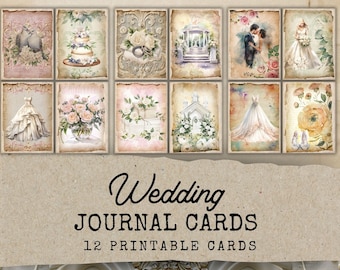 Könnte beinhalten: Zwölf druckbare Hochzeits-Journalkarten mit Vintage-inspirierten Illustrationen. Die Karten zeigen Bilder von Eheringen, einer Hochzeitstorte, einem Brautpaar, einem Blumenstrauß, einem Brautkleid und einer Kirche.
