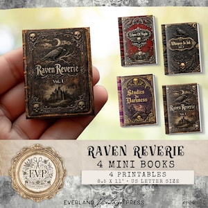 Puede incluir: Mini libros con temas góticos, incluyendo "Raven Reverie" y "Studies in Darkness." Los libros presentan ilustraciones detalladas de cuervos, calaveras y castillos. La imagen también incluye el texto "Raven Reverie, 4 Mini Books, 4 Printables, 21.6 x 27.9 cm US Letter Size."
