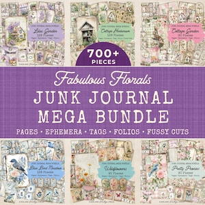 Puede incluir: Un mega paquete de diarios basura con un fondo morado y el texto "Fabulous Florals". El paquete incluye varios conjuntos temáticos como "Lilac Garden", "Cottage Herbarium" y "Blue Bird Meadow", cada uno con páginas, efímeras, etiquetas y folios.