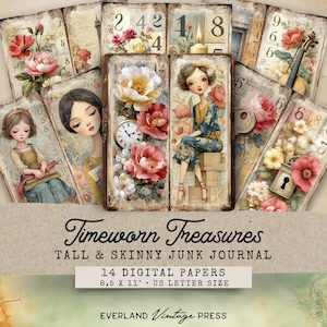 Può includere: Una collezione di carte digitali in stile vintage con illustrazioni di donne, fiori e numeri. Le carte presentano un aspetto invecchiato e usurato con una varietà di disegni floreali e femminili. Il testo sulle carte recita "Timeworn Treasures" e "14 Digital Papers 21.59 x 27.94 cm US Letter Size."