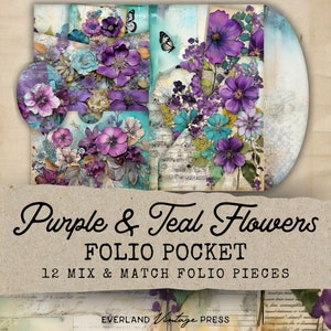 Kit de diário lixo roxo e azul-petróleo, 12 flores, bolso fólio para impressão, itens efêmeros, extras do kit de diário lixo chique, cartões efêmeros