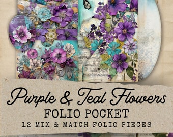 Purple And Teal Junk Journal Kit Folio, 12 flower folio pocket printable Ephemera, Shabby Chic Junk Journal Kit Extras, Ephemera Cards