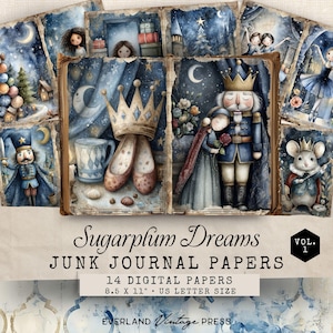 Puede incluir: Una colección de papeles de diario basura digitales con temática de cuento de hadas. Los papeles presentan ilustraciones de acuarela de un cascanueces, zapatillas de ballet y otros elementos caprichosos en tonos azules, dorados y rosas. El texto dice "Sugarplum Dreams".