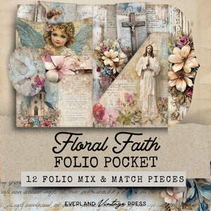 Puede incluir: Un collage de 12 piezas de bolsillo folio de estilo vintage con diseños florales, ángeles e imágenes religiosas. El texto "Floral Faith Folio Pocket" y "12 Folio Mix & Match Pieces" es visible.
