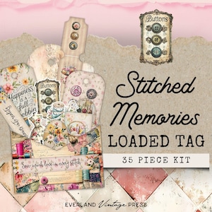 Afdrukbare junk Journal-knoppen geladen zaklabelset, veerbelaste tags, vintage shabby chic zaklabels, naaithema junk Journal Kit