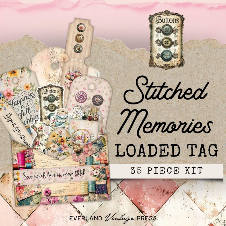 Printable Junk Journal Buttons Loaded Pocket Tag Kit, Spring Loaded ...