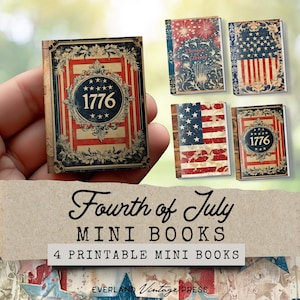 Zestaw 4 mini książek o tematyce Dnia Niepodległości, Miniaturowa książka Junk Journal, Miniaturowe okładki książek w wersji cyfrowej, Ephemera 4 lipca